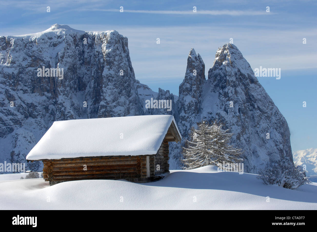 Santner Spitze, Plattkofels Alm, UNESCO Weltnaturerbe, Seiser Alm, Valle Isarco, Südtirol, Trentino-Alto Adige, Italien Stockfoto
