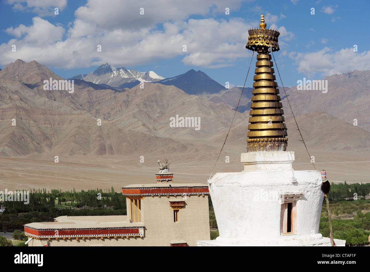 Stupa mit Blick auf Zanskar Range, Kloster Shey, Leh, Tal des Indus, Ladakh, Jammu und Kaschmir, Indien Stockfoto