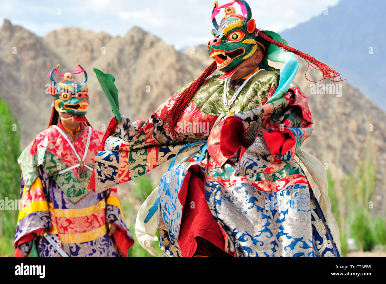 Maskentanz beim Kloster Festival, Phyang, Leh, Tal des Indus, Ladakh, Jammu und Kaschmir, Indien Stockfoto