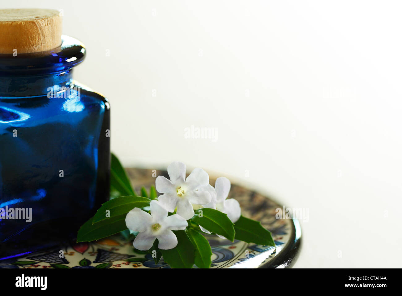 Eine blaue Glasflasche auf eine Keramikplatte mit weißen Blüten und weißem Hintergrund Stockfoto