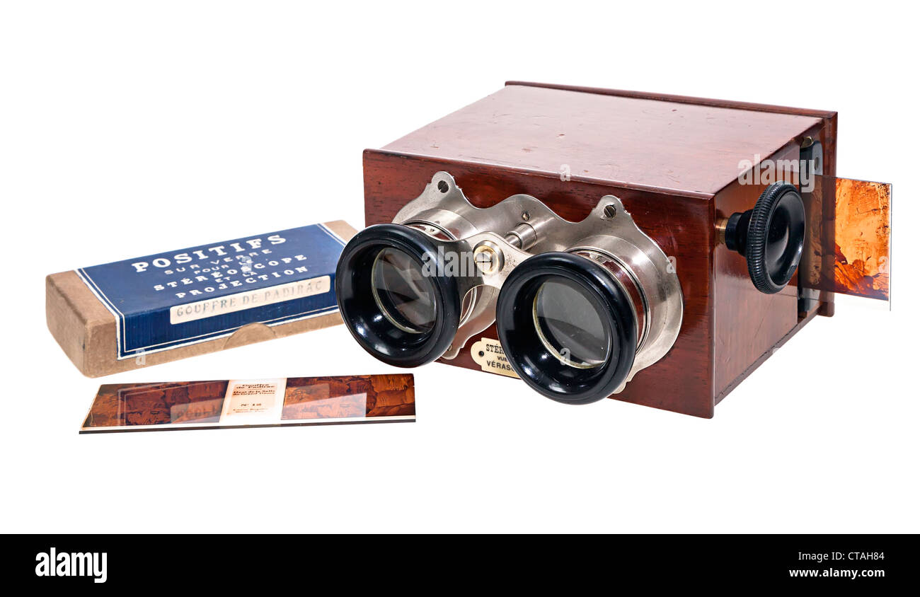 Antikglas Stereo-Verascope Viewer mit Glas-Objektträger UK Stockfoto