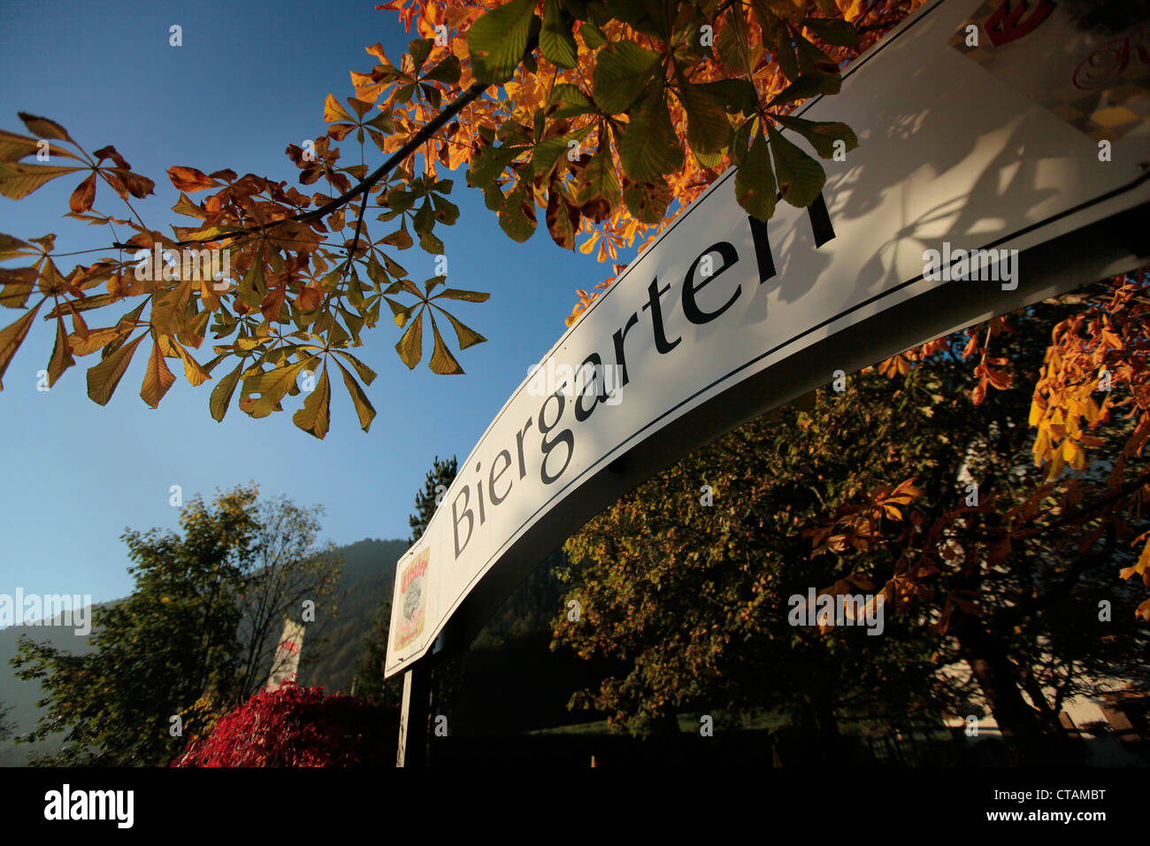 Eingang zum Biergarten, Ettal, Upper Bavaria, Bavaria, Germany Stockfoto