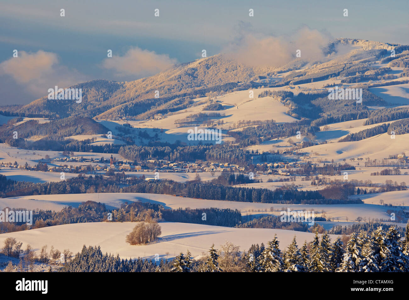 Zeigen Sie an einem Wintertag von Breitnau-Fahrenberg in Richtung Kandel Berg und St. Peter, Schwarzwald, Baden-Württemberg, Deutschland an Stockfoto