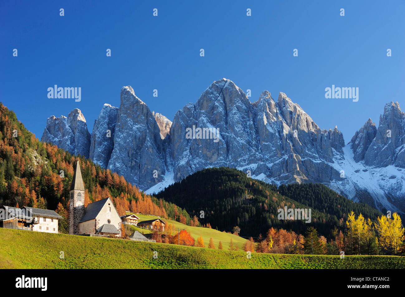 St. Magdalena im Herbst, St. Magdalena, Tal der Villnösser Dolomiten, UNESCO World Heritage Site Dolom vor Geisler Stockfoto