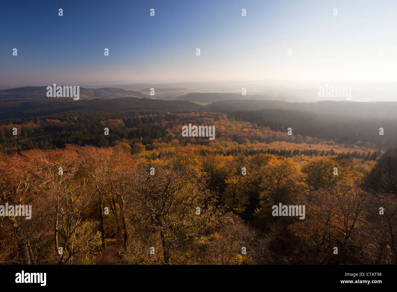 Blick vom Turm auf Hohe Acht über die Hügel der Eifel, in der Nähe von Adenau, Eifel, Rheinland-Pfalz, Deutschland, Europa Stockfoto