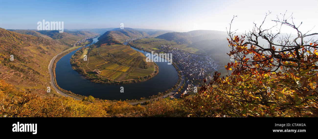 Panoramablick vom Bremmer Calmont Weinberg an der Mosel-Sinuosity in Bremm, Mosel, Rheinland-Pfalz, Deutschland, E Stockfoto