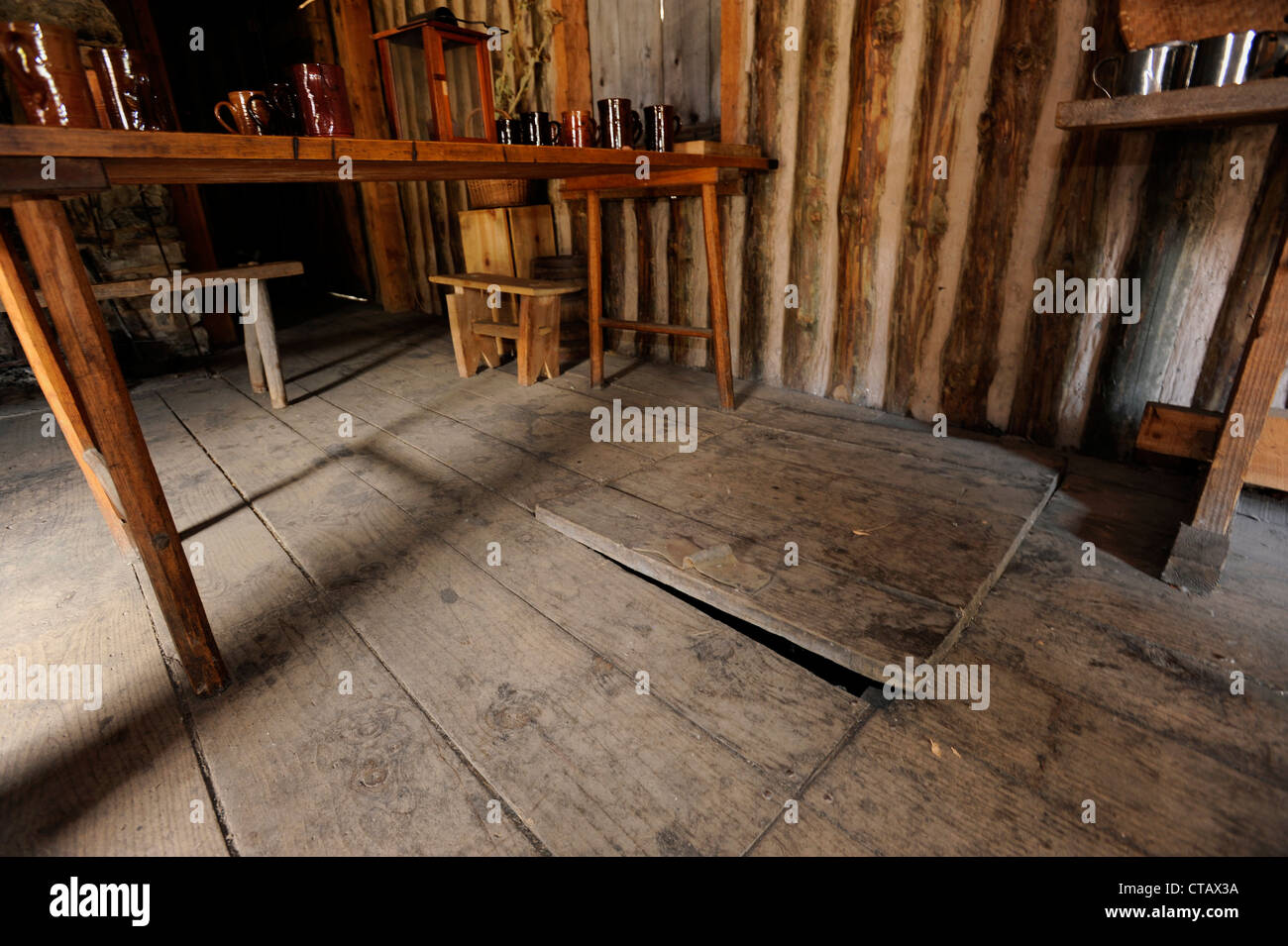 Eine 17. Jahrhundert Falltür unter Dielen führen zu einem unterirdischen Stamm-Keller. Stockfoto