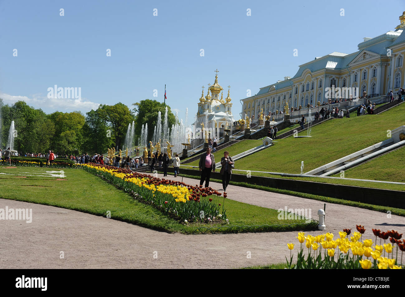Prächtige Paläste, Brunnen, Statuen und Parks von Peterhof (Petrodvotets). Stockfoto