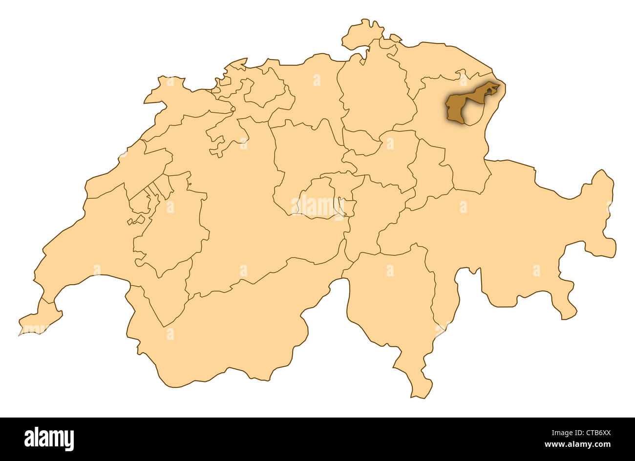 Karte der Schweiz, wo Appenzell Ausserrhoden markiert ist. Stockfoto