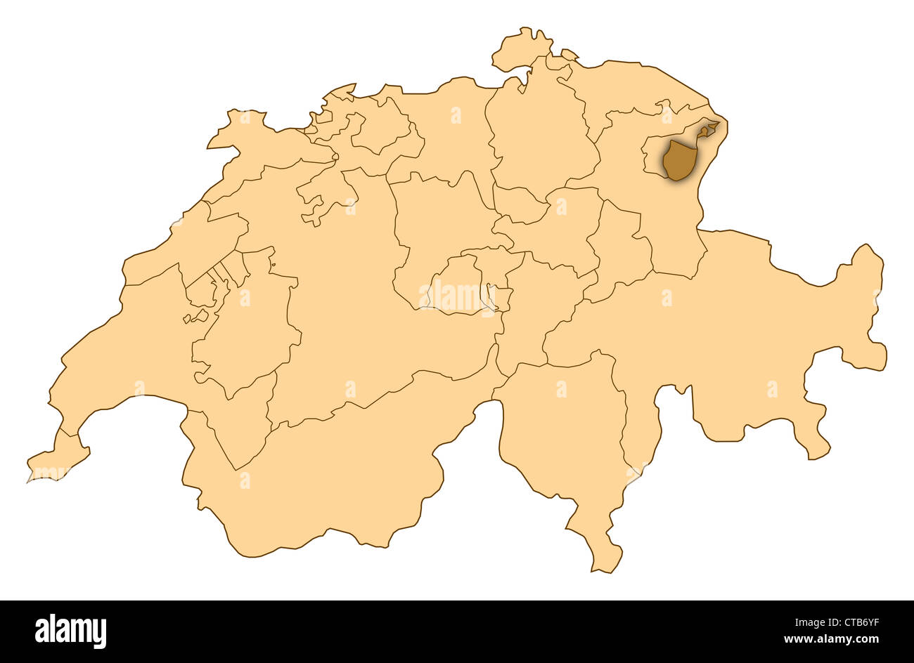 Karte der Schweiz, wo Appenzell Innerrhoden markiert ist. Stockfoto