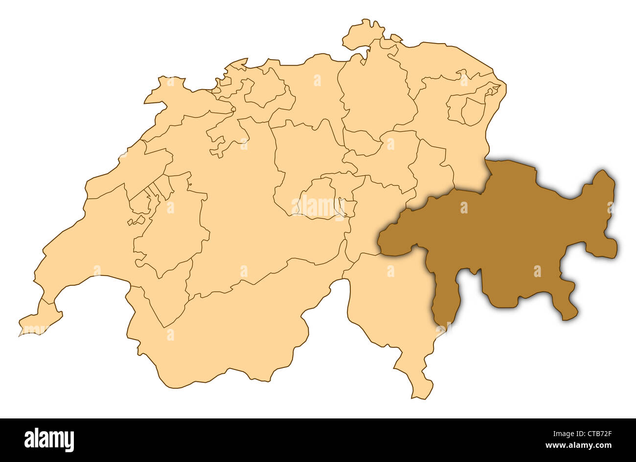 Karte der Schweiz, wo Graubünden markiert ist. Stockfoto