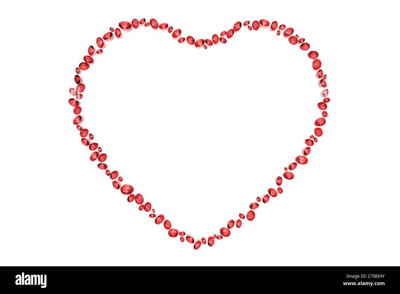 rote Diamanten in Herzform isoliert auf weißem Hintergrund Stockfoto