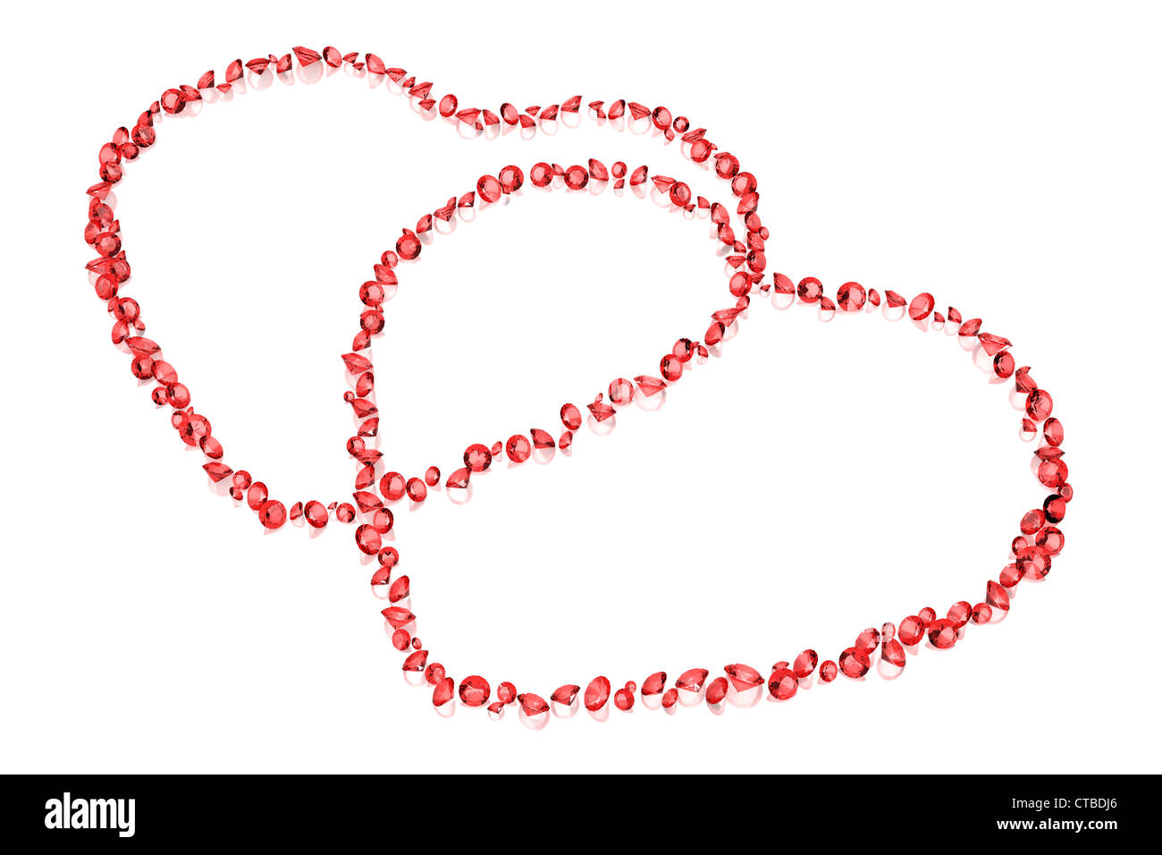 rote Diamanten in zwei Herzen Form isoliert auf weißem Hintergrund Stockfoto