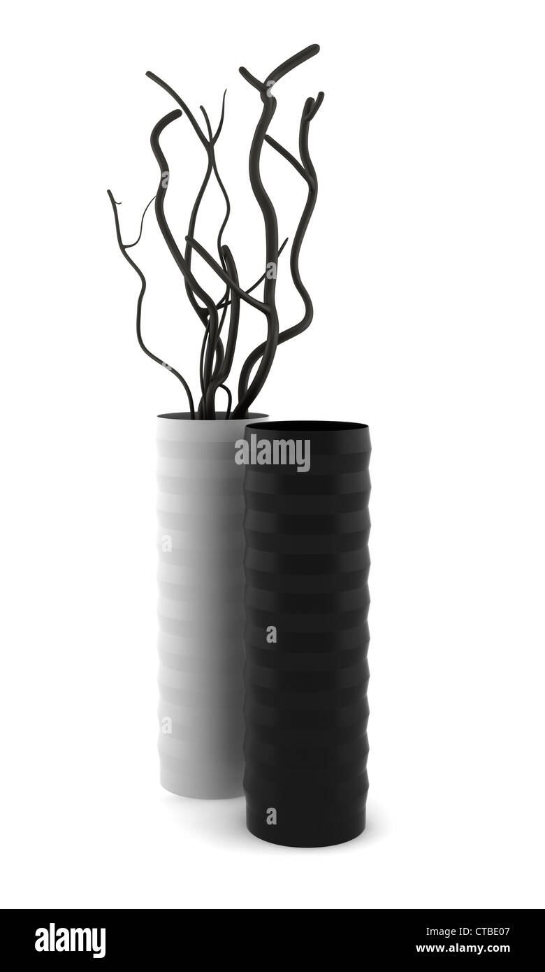 zwei Vasen mit trockenem Holz isoliert auf weißem Hintergrund mit Beschneidungspfad Stockfoto