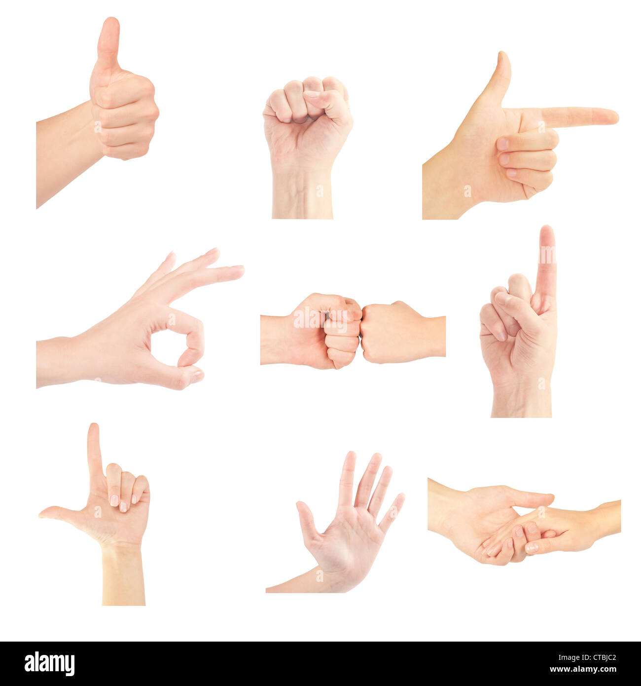 Reihe von Gesten Hände isoliert auf weißem Hintergrund Stockfoto