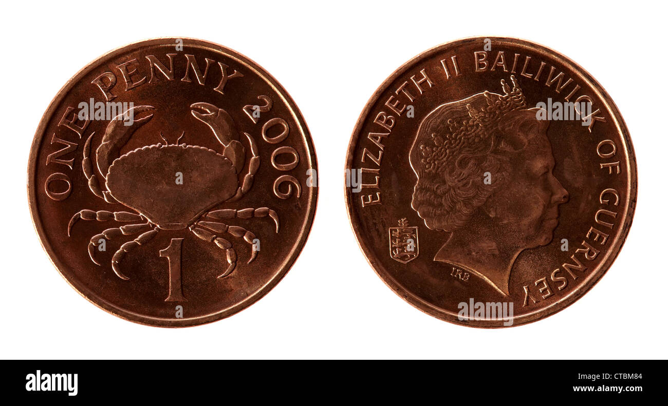 Alten Guernsey 1 Cent Münzen auf dem weißen Hintergrund (Jahr 2006) Stockfoto