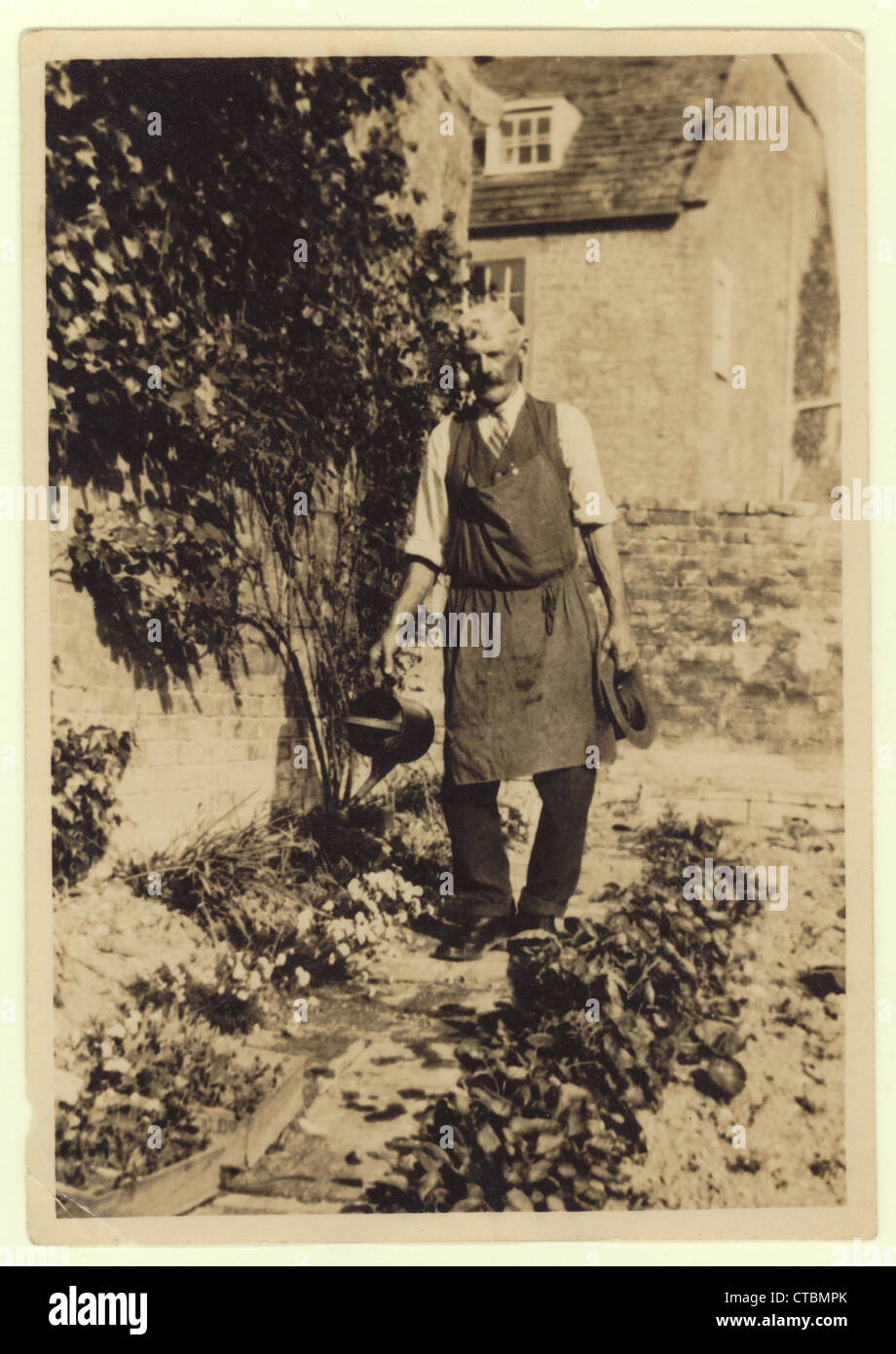 Viktorianischer oder edwardianischer Gardener mit Gießkanne Anfang der 1900er Jahre Stockfoto