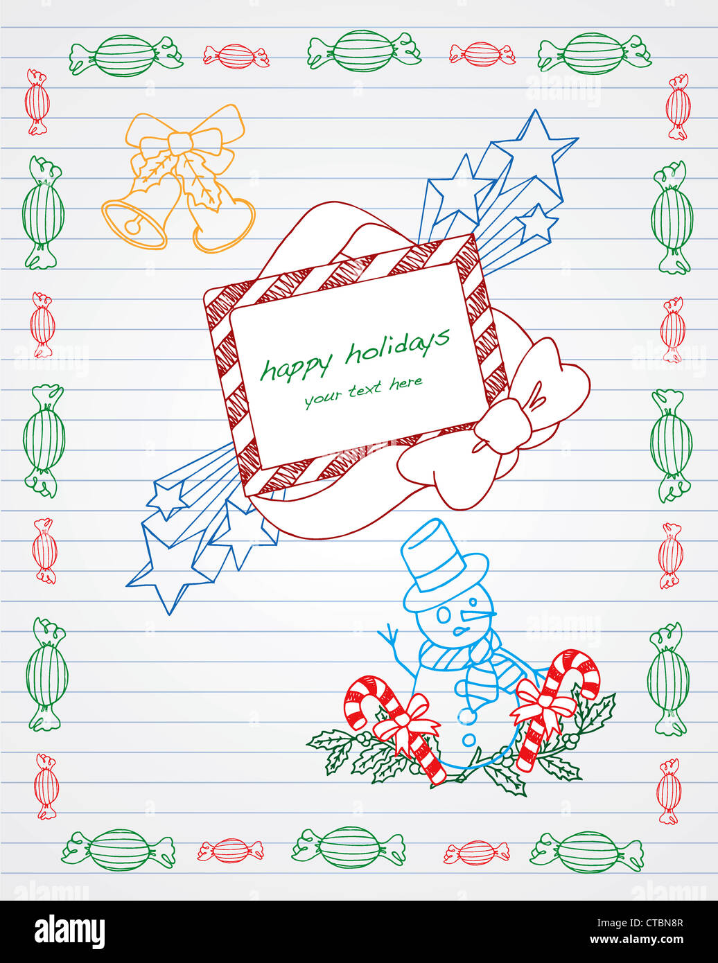 Weihnachten Kritzeleien auf Liniertes Papier mit Rahmen für Text. Stockfoto