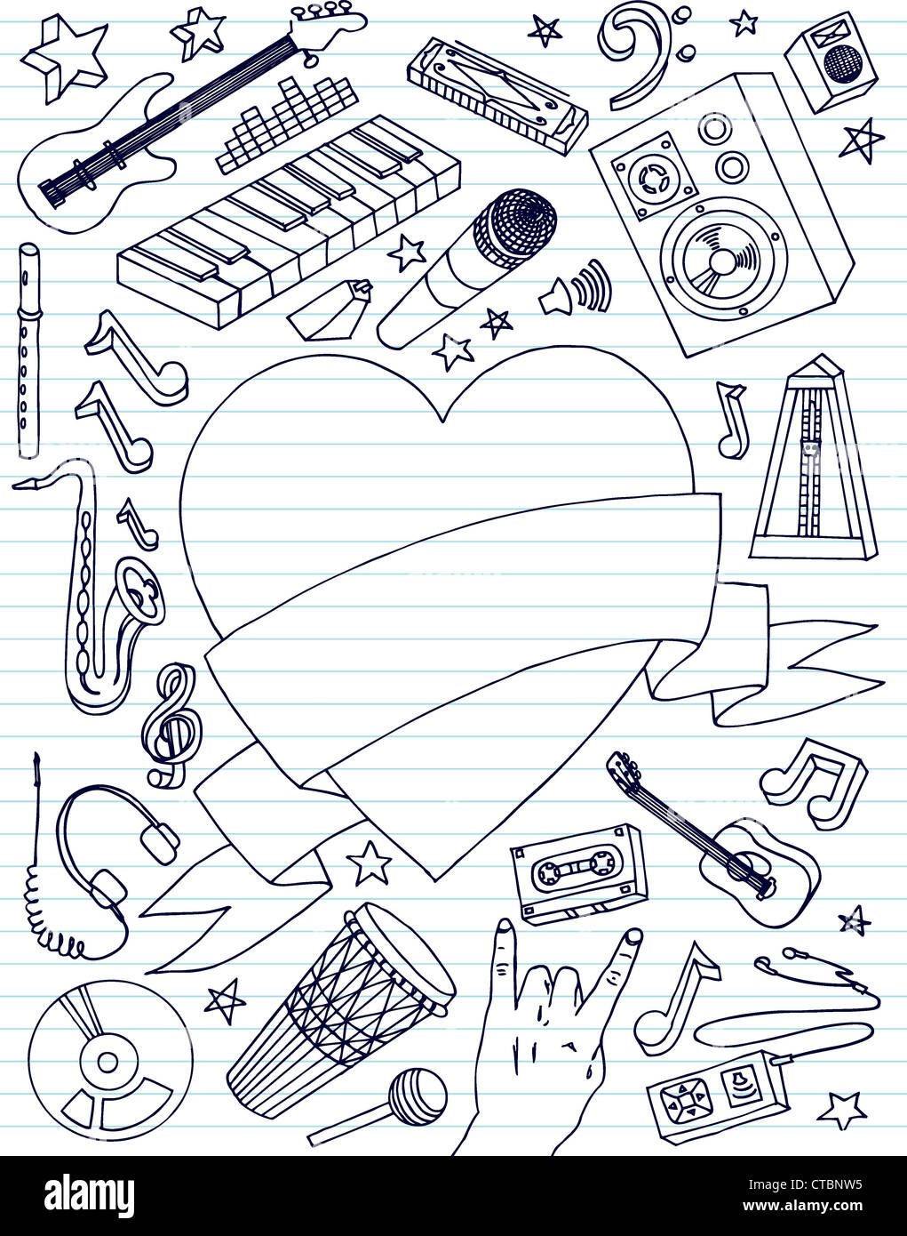 Handgezeichnete Musik Kritzeleien mit großem Herz Banner. Stockfoto