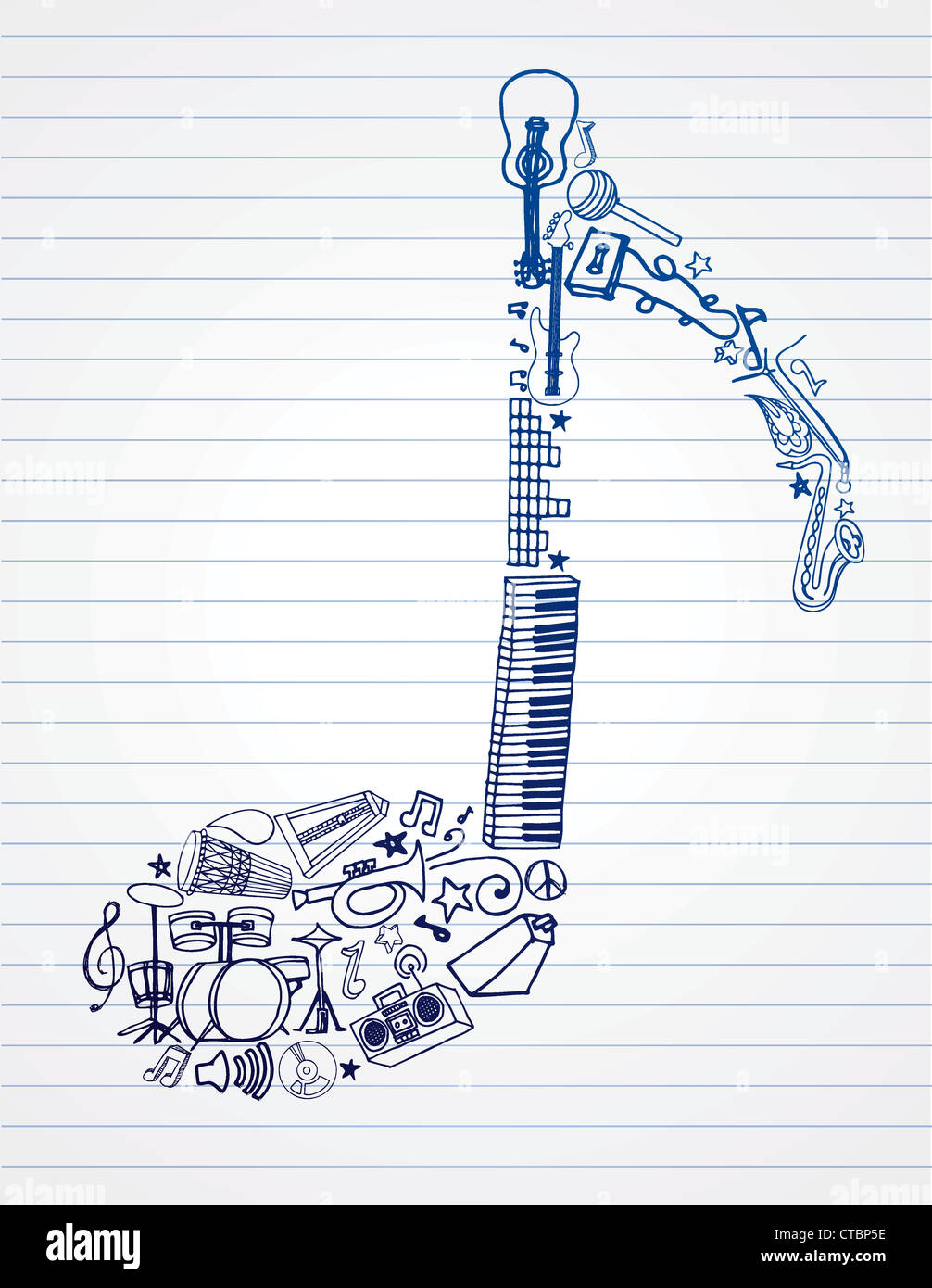 Handgezeichnete Musik Verwandte Doodle in Anmerkung Form angeordnet. Stockfoto