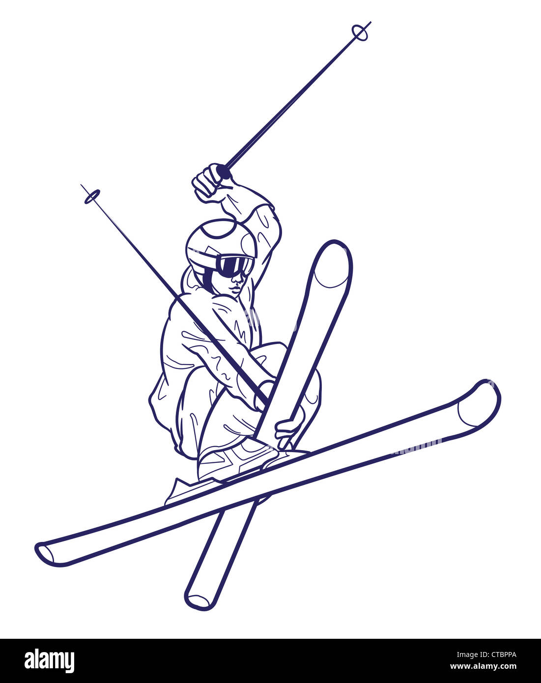 Strichzeichnung Person Skifahren. Stockfoto