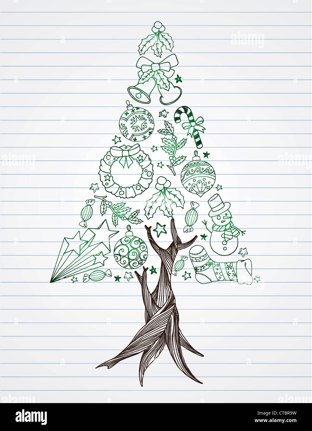 Kiefer Baum Weihnachten Kritzeleien auf Liniertes Papier aus. Stockfoto