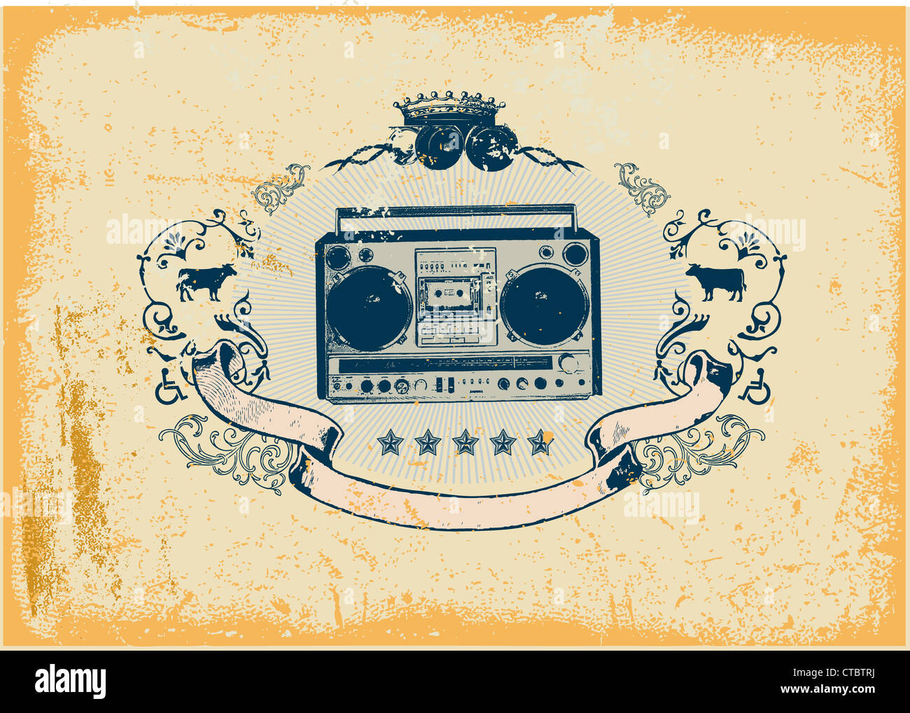 Heraldische Komposition mit Boombox und floralen Ornamenten im Graffiti-Stil. Grunge Hintergrund. Vektor-illustration Stockfoto