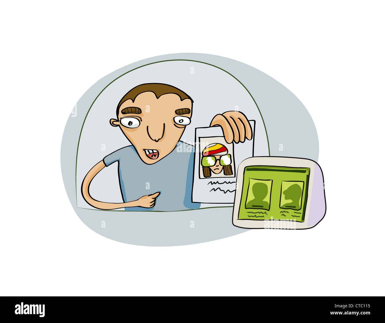 Vector Illustration lustig junger Mann zeigt seine Dokument des Sicherheitsdienstes Stockfoto