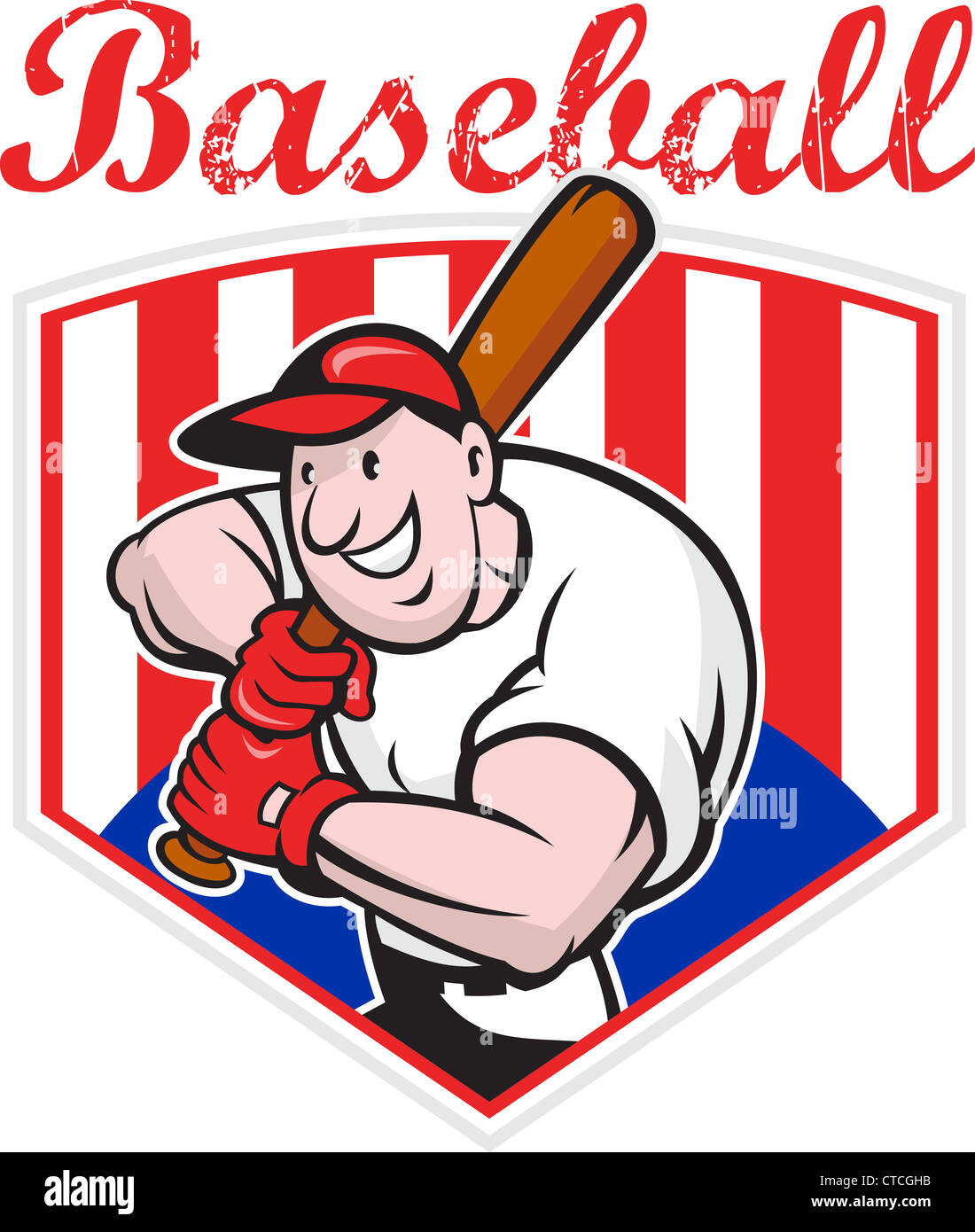 Comic-Illustration ein Baseball-Spieler mit Fledermaus Wimper Vorderseite mit Diamant im Hintergrund. Stockfoto