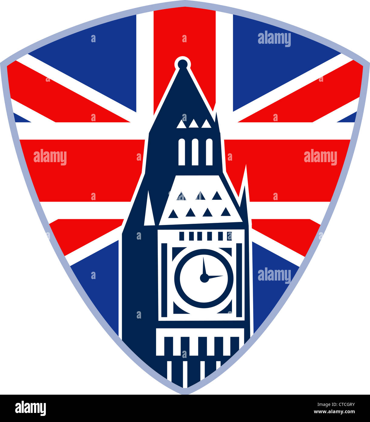 Retro-Abbildung der Big Ben Uhr Seitenansicht mit Union Jack, die britische Great Britain flag im Inneren Stockfoto