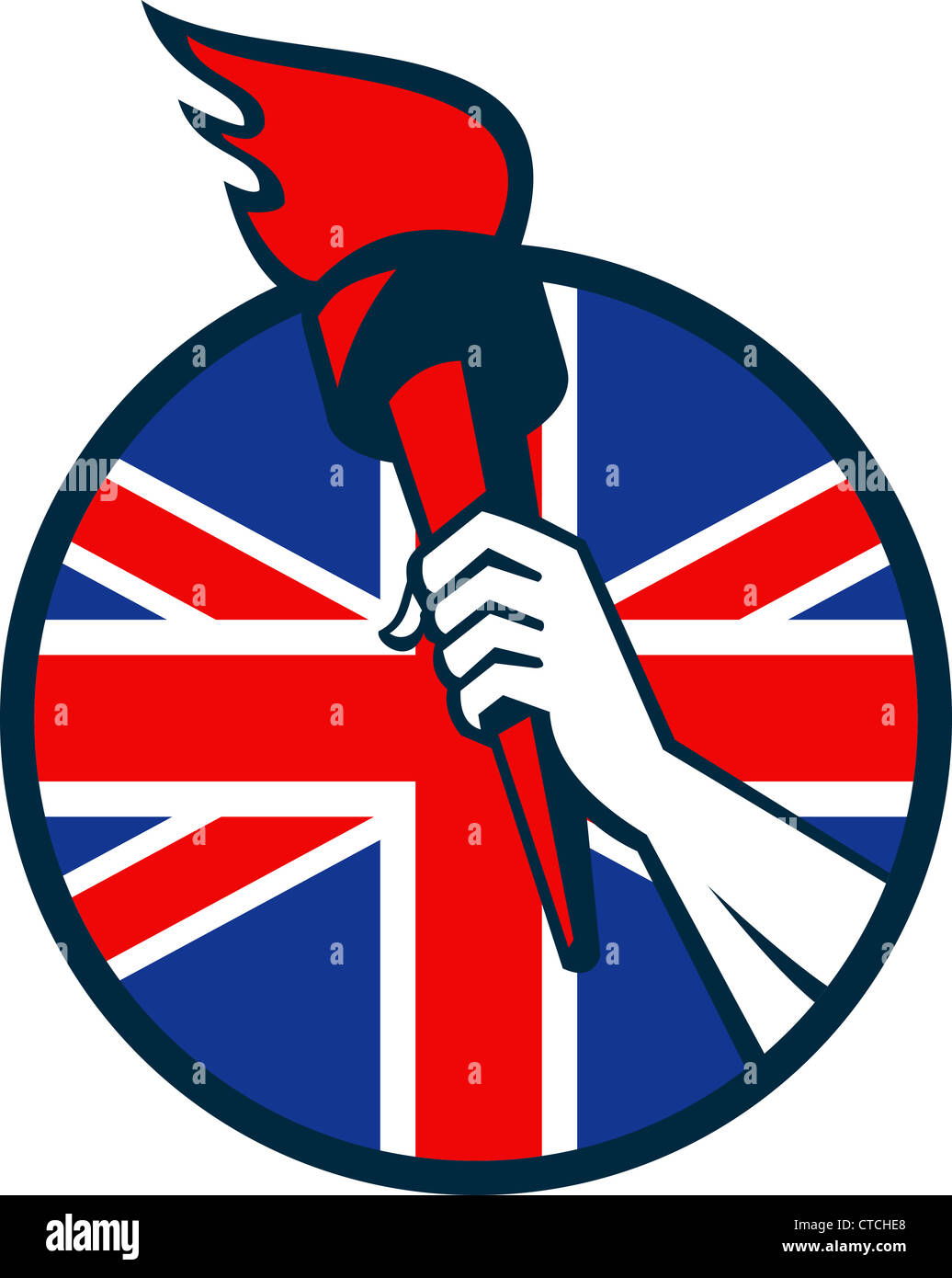 Retro-Illustration ein Athlet Hand hielt eine brennende Fackel mit Großbritannien britische Union Jack flag gesetzt im inneren Kreis Stockfoto