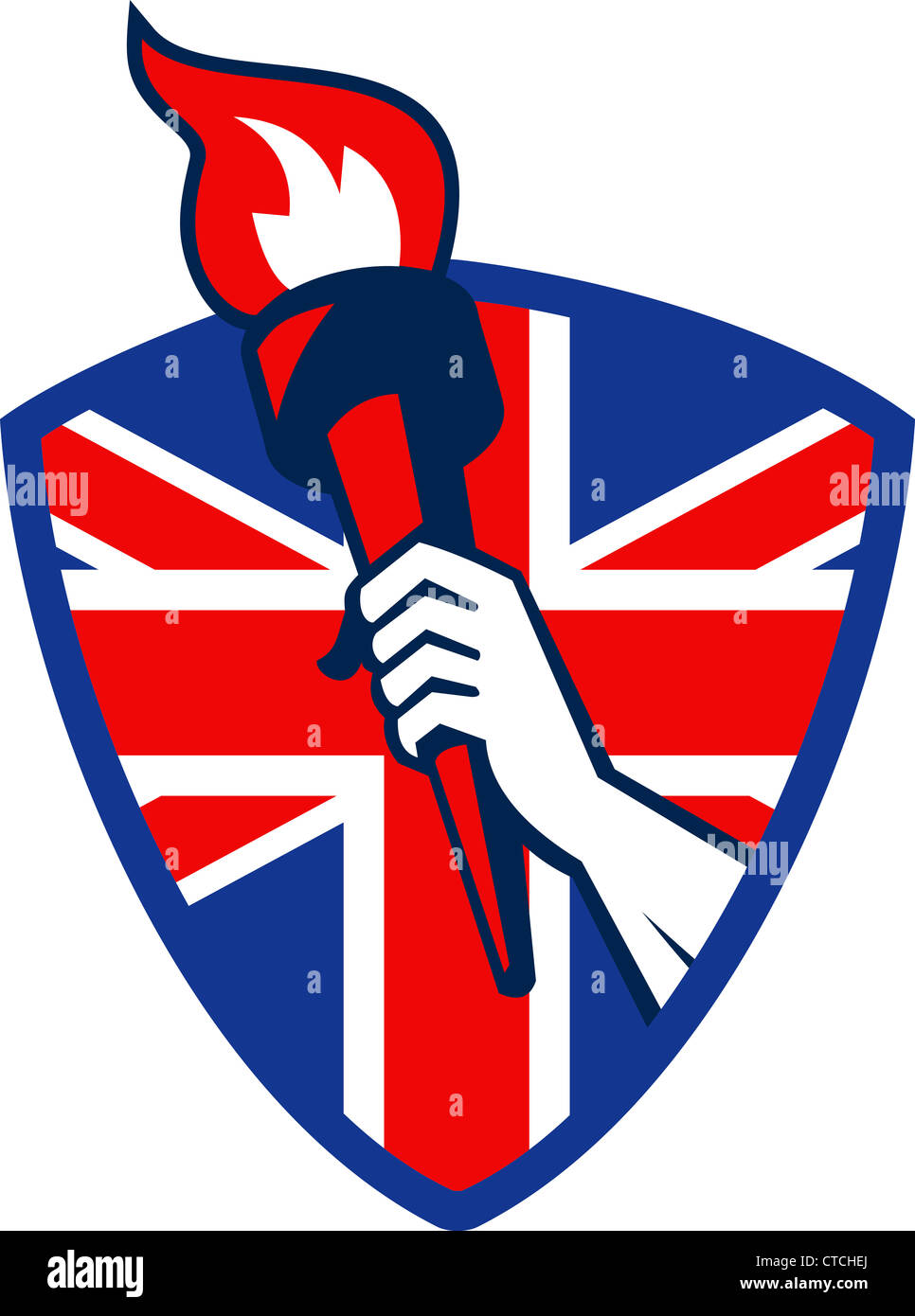 Retro-Illustration ein Athlet Hand hielt eine brennende Fackel mit Großbritannien britische Union Jack flag gesetzt im Schild Stockfoto