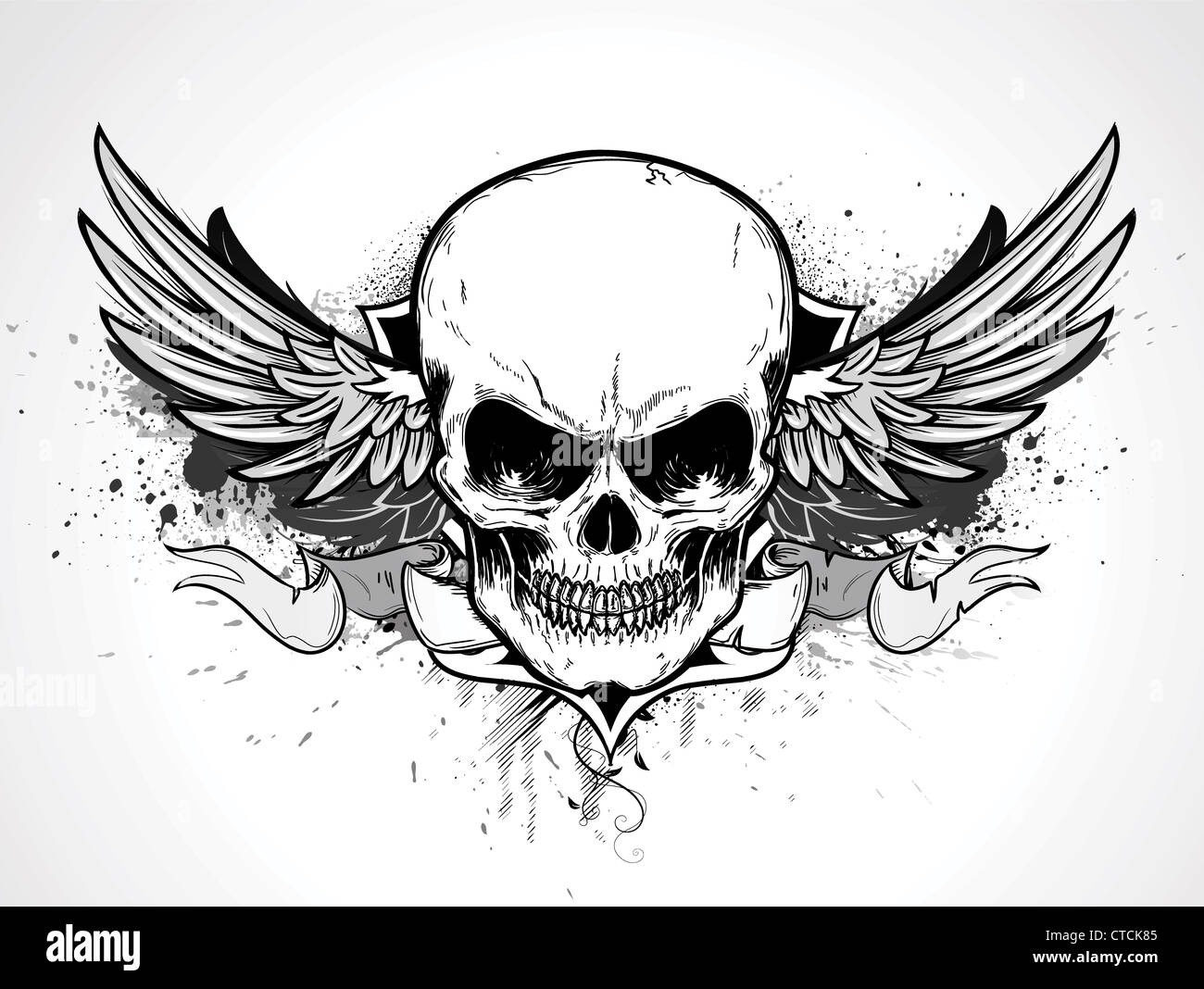 Vektor-Illustration doppelt geflügelte menschlicher Schädel mit Banner und Grunge Hintergrund Stockfoto