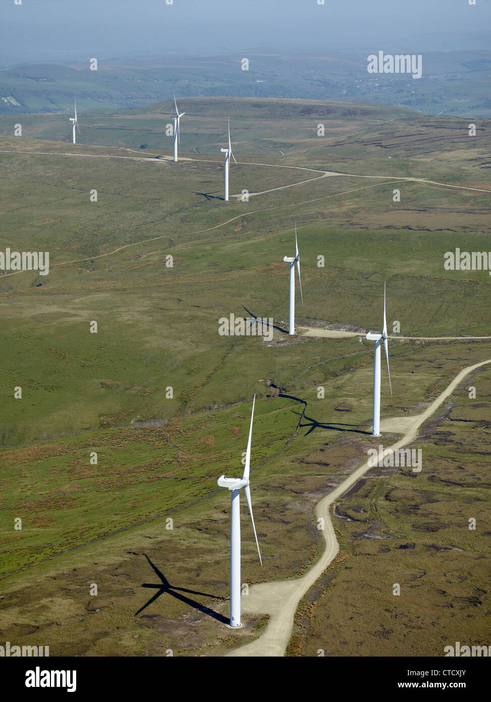 Windpark auf der Oberseite der Pennines, in der Nähe von Windy Hill, North West England, uk Stockfoto