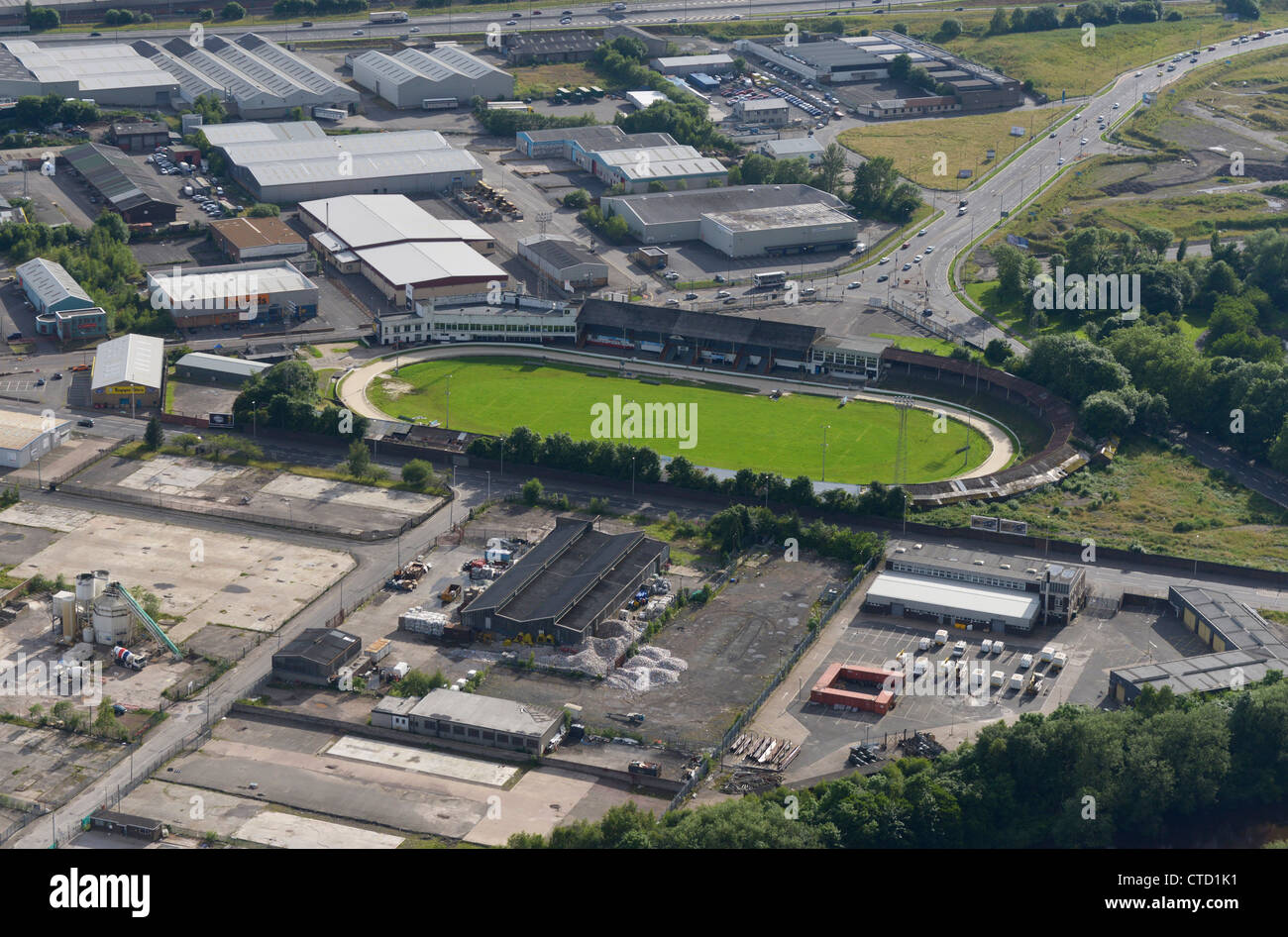 Luftbild Shawfield Stadium Greyhound Racing Veranstaltungsort in der Stadt Rutherglen, South Lanarkshire, Glasgow. Stockfoto