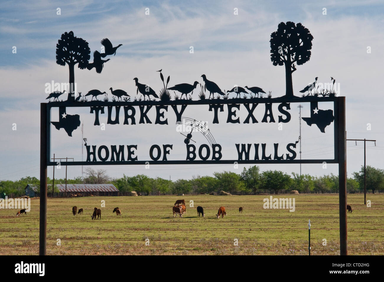 Schmiedeeisen unterzeichnen am Rande der Türkei, der Geburtsort von Bob Wills, "The King of Western Swing", Panhandle Plains, Texas, USA Stockfoto