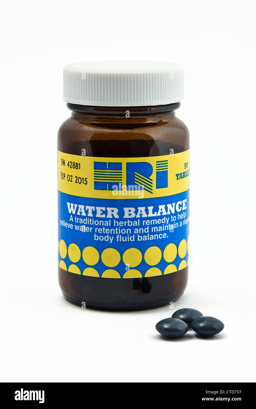 HRI-Wasser-Balance Tabletten mit Löwenzahn, Buchu, Petersilie, Ulva Ursi. Ein pflanzliches Mittel zur Linderung von Wassereinlagerungen. Stockfoto