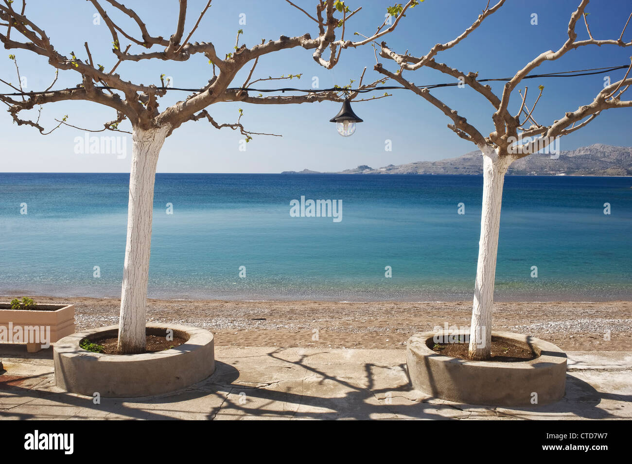 Blick auf Haraki Strand mit Bäumen Stockfoto