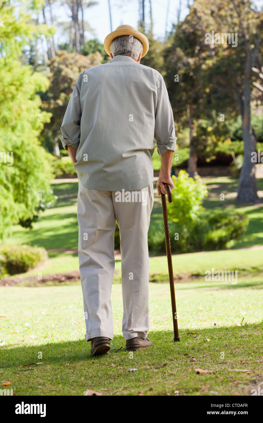 Alter Mann mit Spazierstock im park Stockfoto