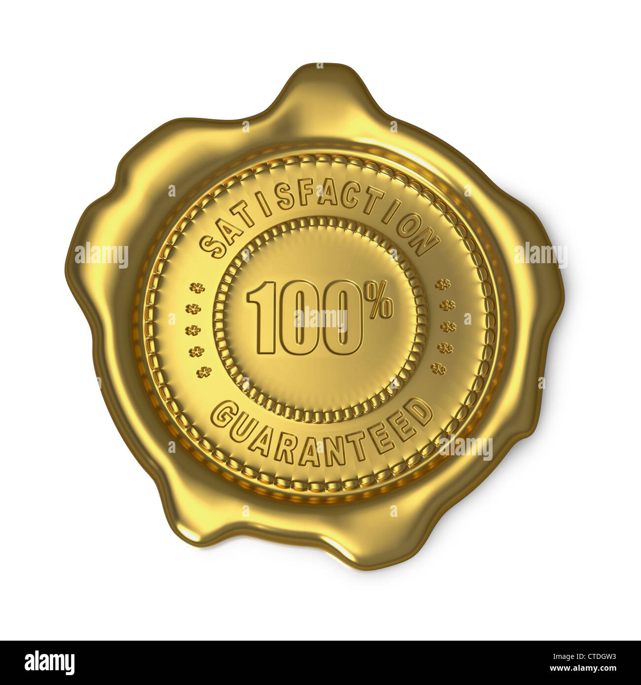 Goldsiegel Zulassung 100 % garantierte Zufriedenheit auf weißem Hintergrund Stockfoto