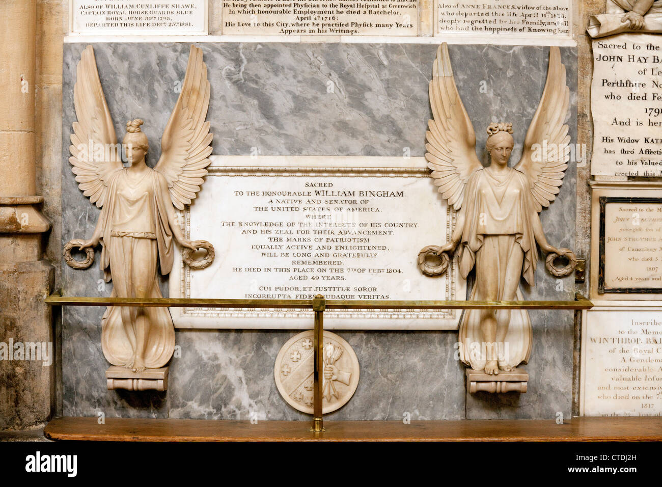 Gedenkstein für William Bingham, (1754-1804), US-amerikanischer Senator, Bath Abbey Somerset UK Stockfoto