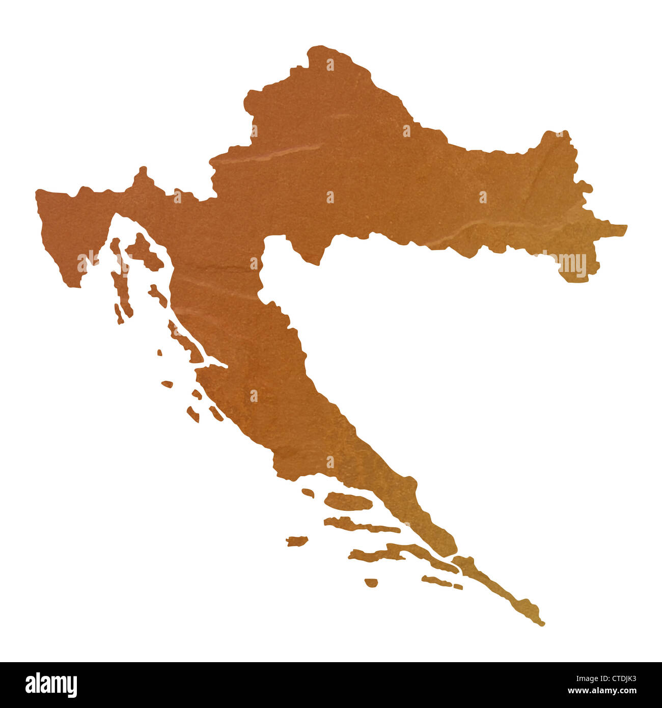 Strukturierte Karte von Kroatien-Karte mit braunen Felsen oder Stein Textur, isoliert auf weißem Hintergrund mit Beschneidungspfad. Stockfoto