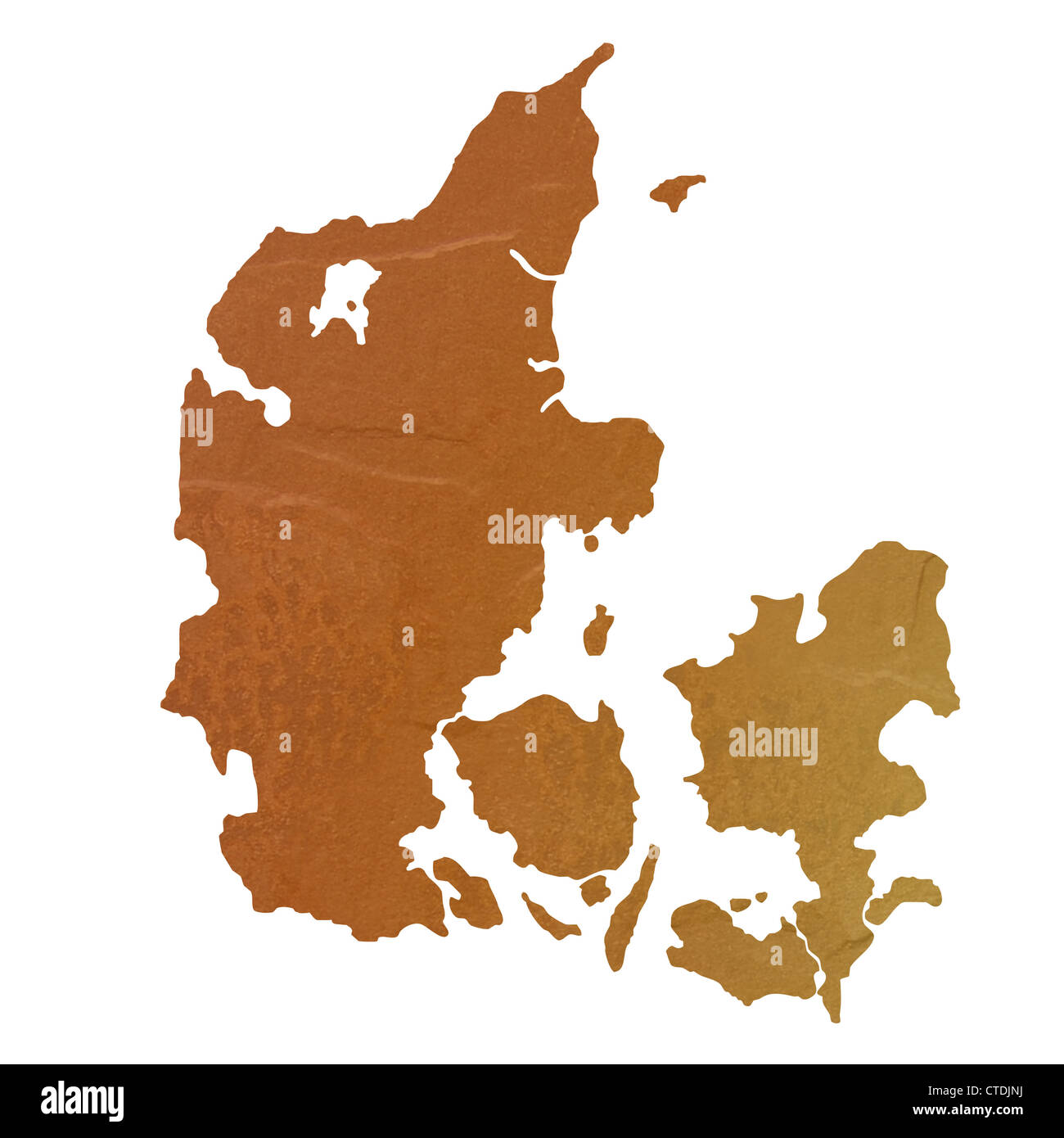 Strukturierte Karte von Dänemark Karte mit braunen Felsen oder Stein Textur, isoliert auf weißem Hintergrund mit Beschneidungspfad. Stockfoto