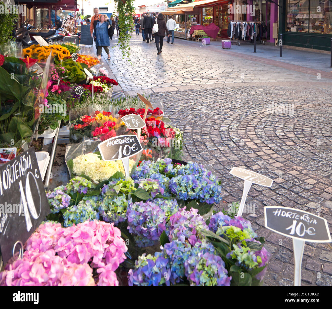 Blumen zum Verkauf entlang der Rue Cler, einer Fußgänger-nur Straße, die die besten Lebensmittelmarkt in Paris gilt. Stockfoto