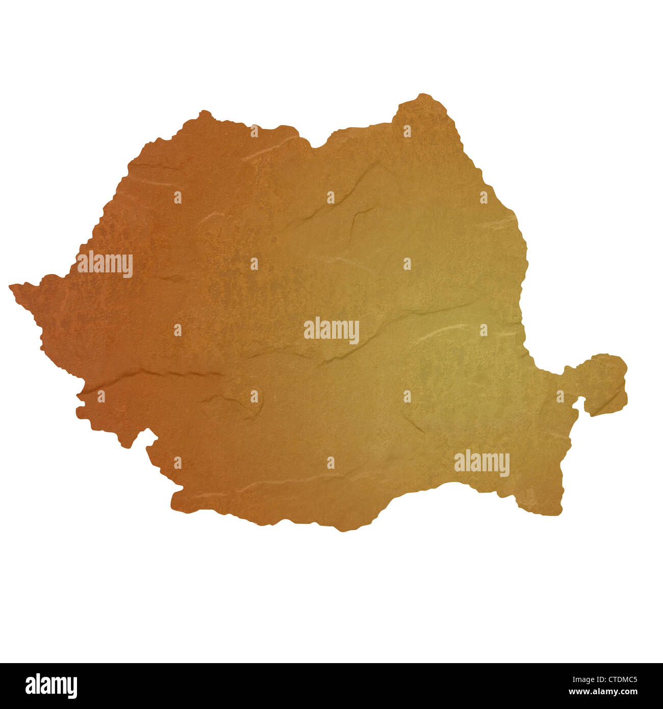 Strukturierte Karte von Rumänien Karte mit braunen Felsen oder Stein Textur, isoliert auf weißem Hintergrund mit Beschneidungspfad. Stockfoto