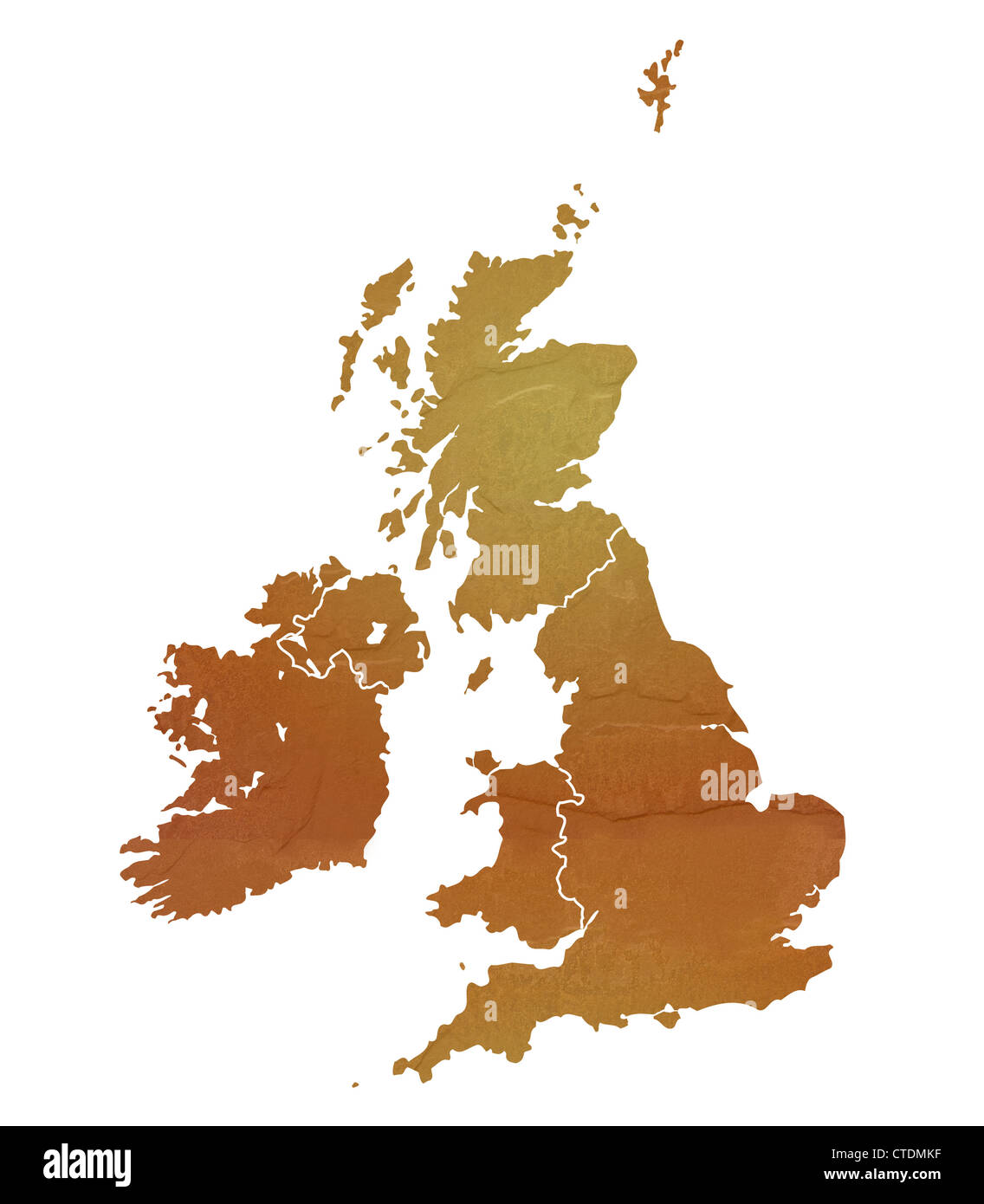 Vereinigtes Königreich-Karte mit braunen Felsen oder Stein Textur, isoliert auf weißem Hintergrund mit Beschneidungspfad. Stockfoto