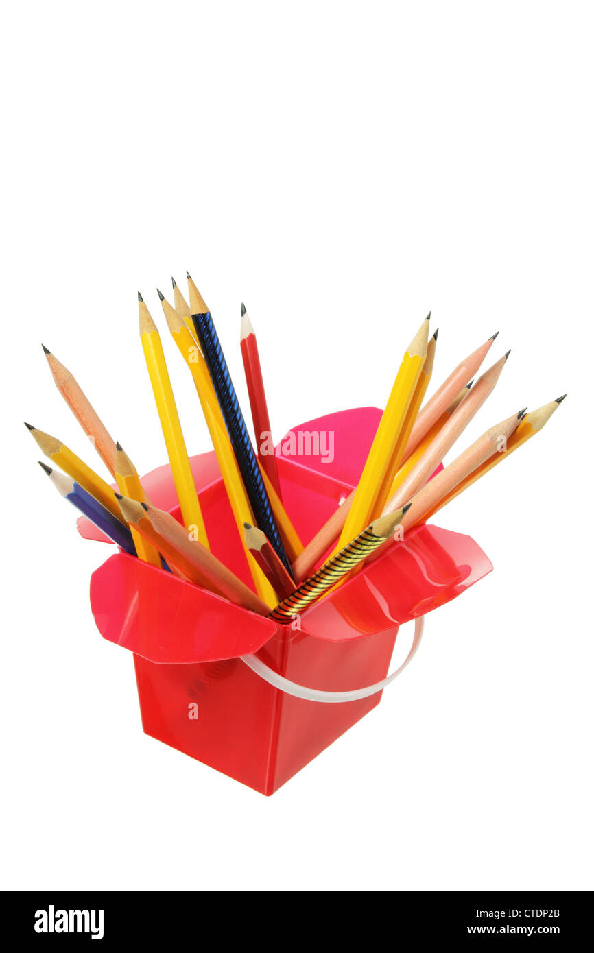 Bleistifte in Kunststoff-Box Stockfoto