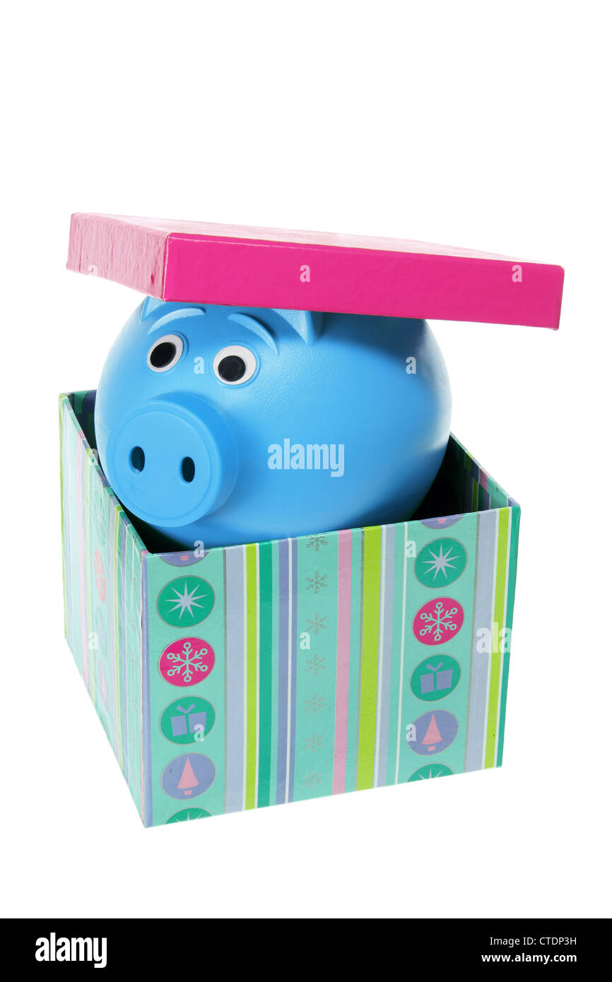 Sparschwein in Geschenkbox Stockfoto
