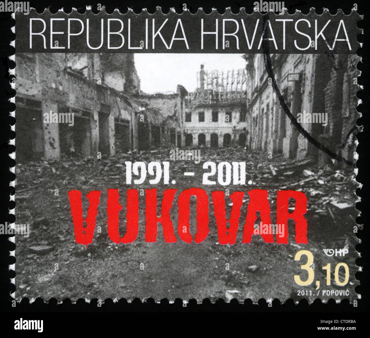 Kroatien - ca. 2011: Eine Briefmarke gedruckt in der Kroatien abgebildet zwanzigsten Jahrestag der Zerstörung von Vukovar, ca. 2011 Stockfoto
