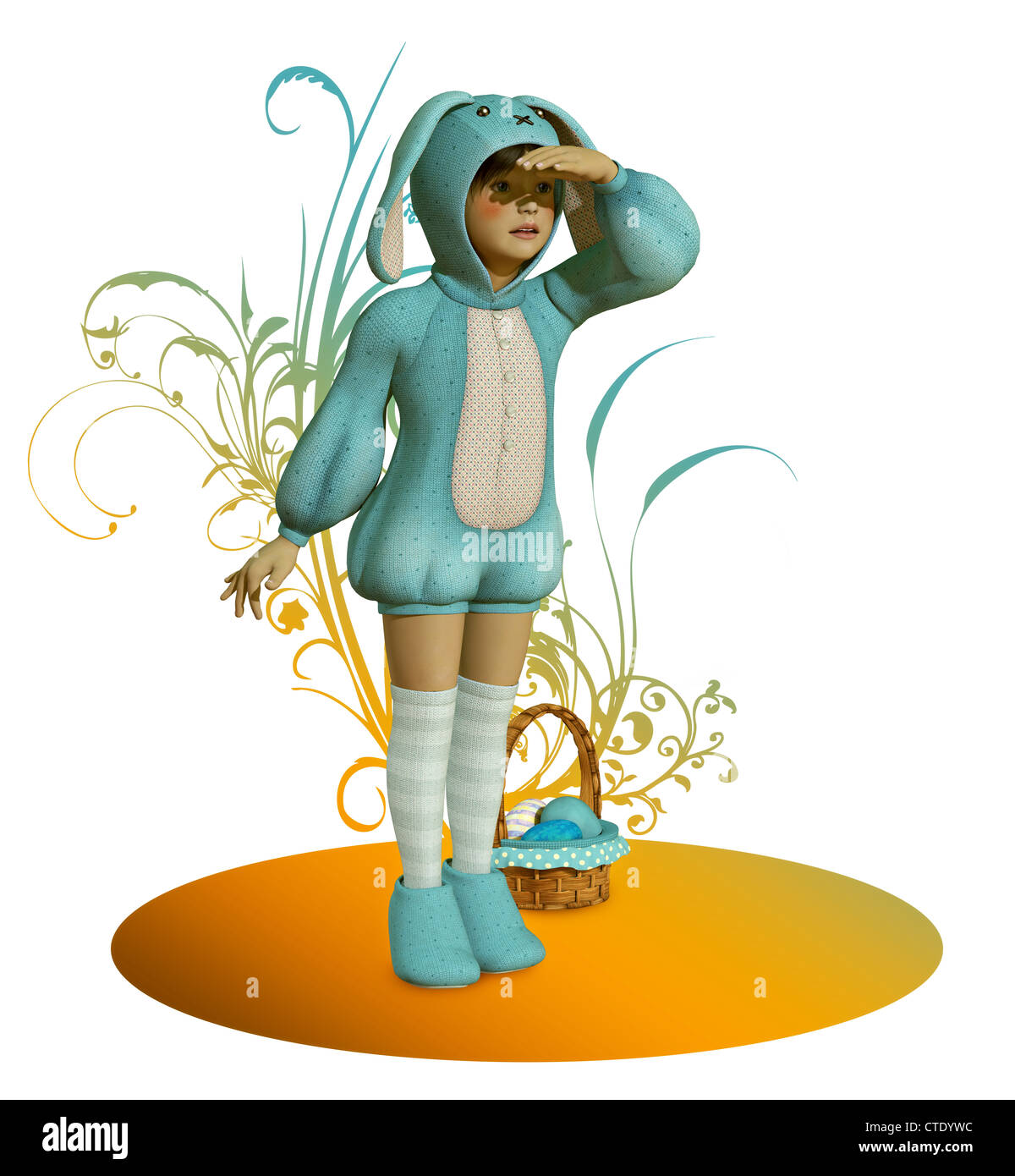 ein Kind in einem Bunny Kleid und einen Korb mit Ostereiern Stockfoto